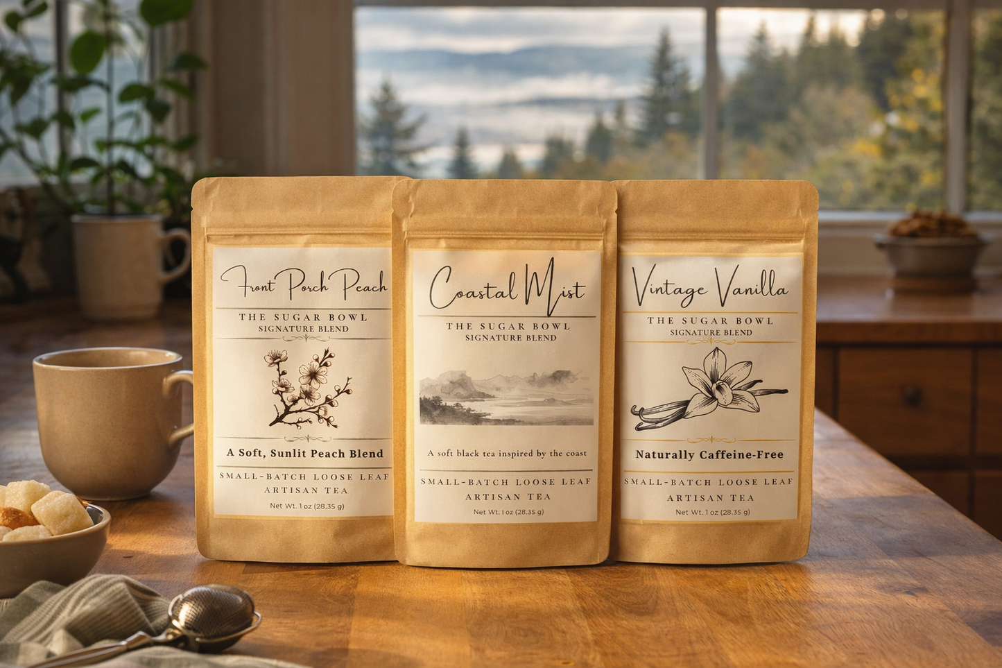 Signature trio sampler of Sugar Bowl Collection loose-leaf teas displayed in kraft pouches on a sunlit kitchen counter