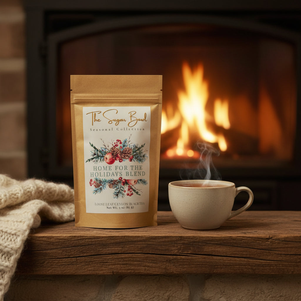 Tea package labeled 'Home for the Holidays Blend' from 'The Sugar Bowl' on a wooden surface.
