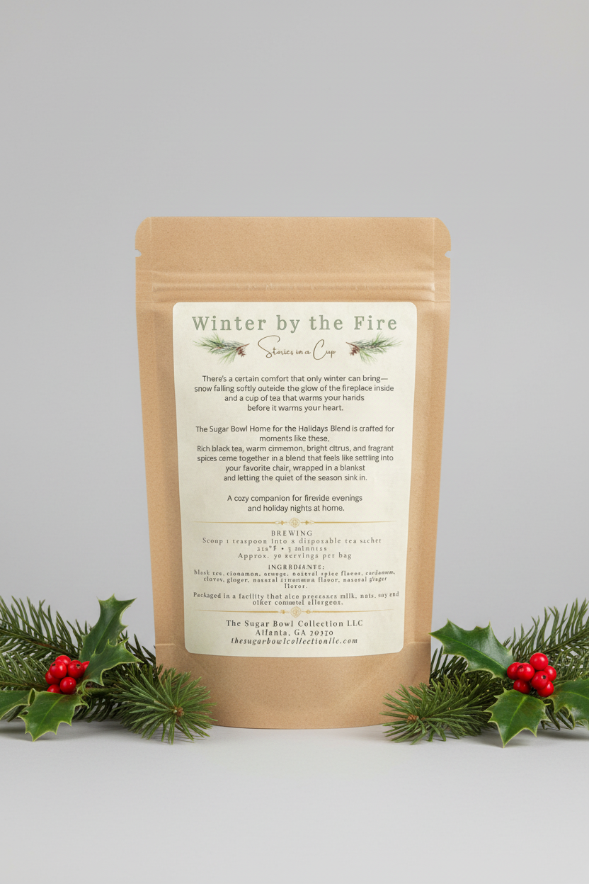 Tea blend description with text and decorative elements on a beige background