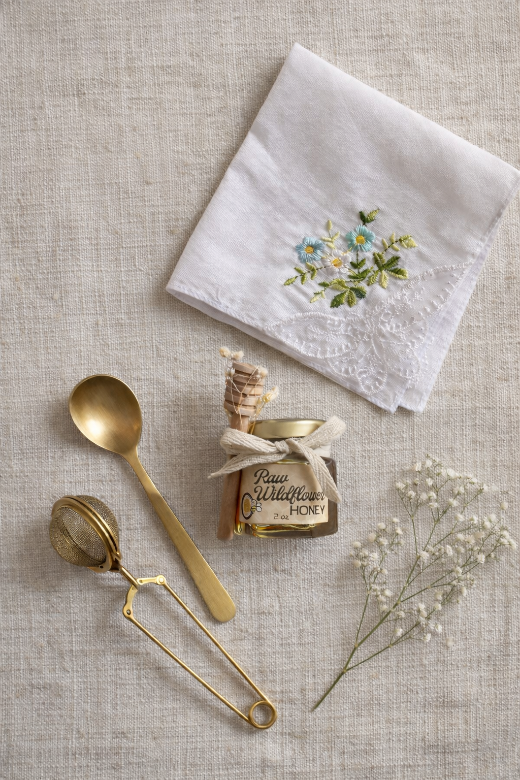 Decorative napkin with floral embroidery, gold spoon, and small bottle on a textured surface