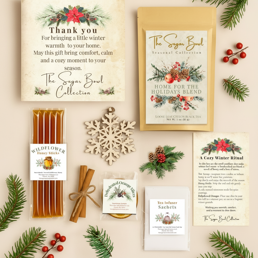 Collection of holiday-themed products including tea, honey sticks, and candles on a beige background with greenery.
