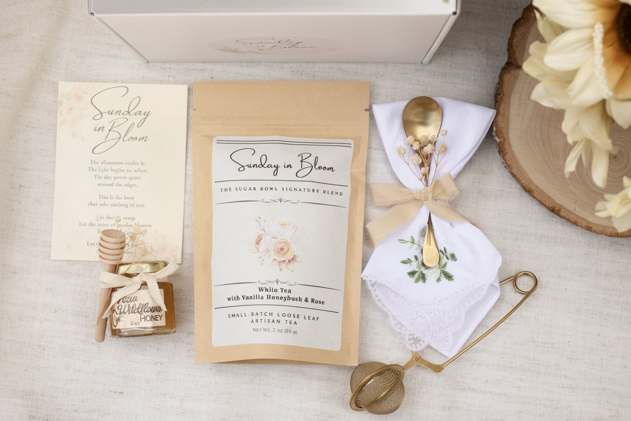 Tea packaging with a spoon and decorative elements on a light background